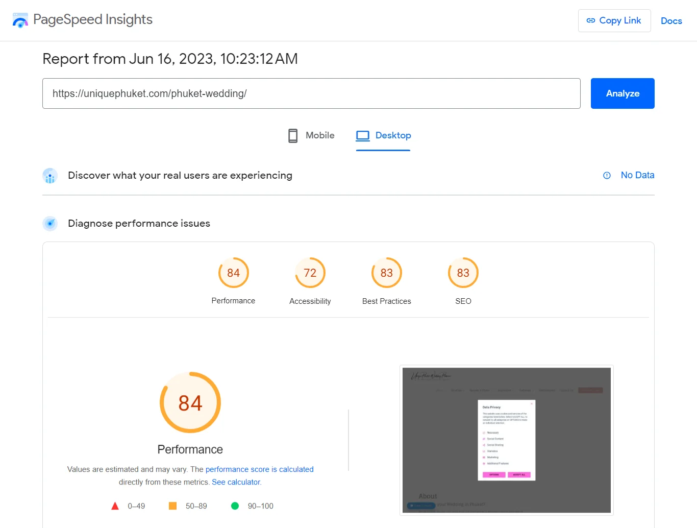 PageSpeed Insights Desktop report showing a performance score of 84.